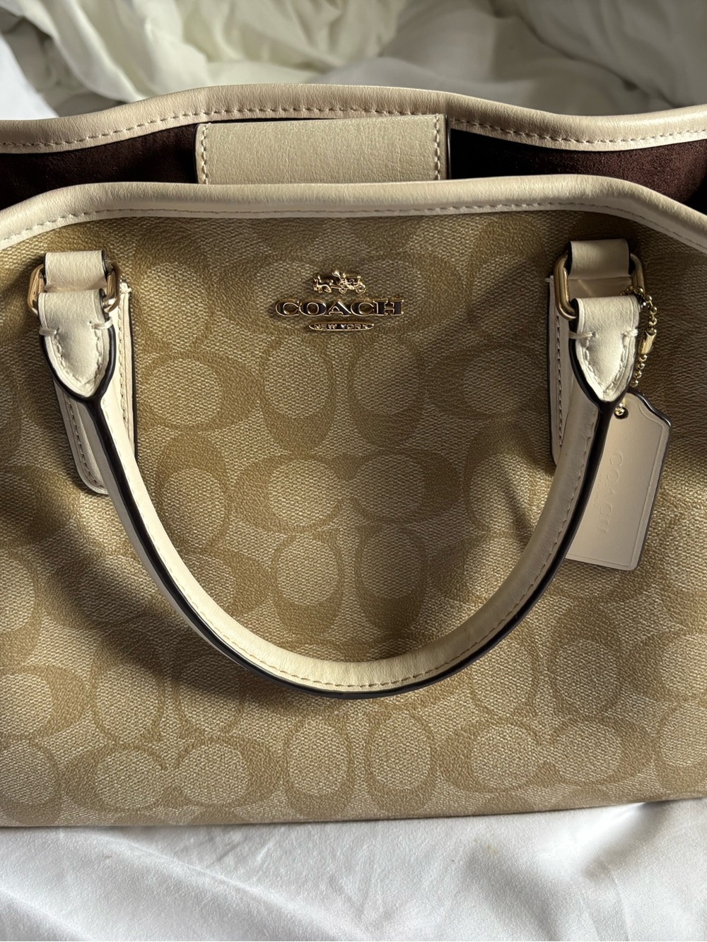 Coach Satchel in Beige Signature Canvas with Cream Trim
